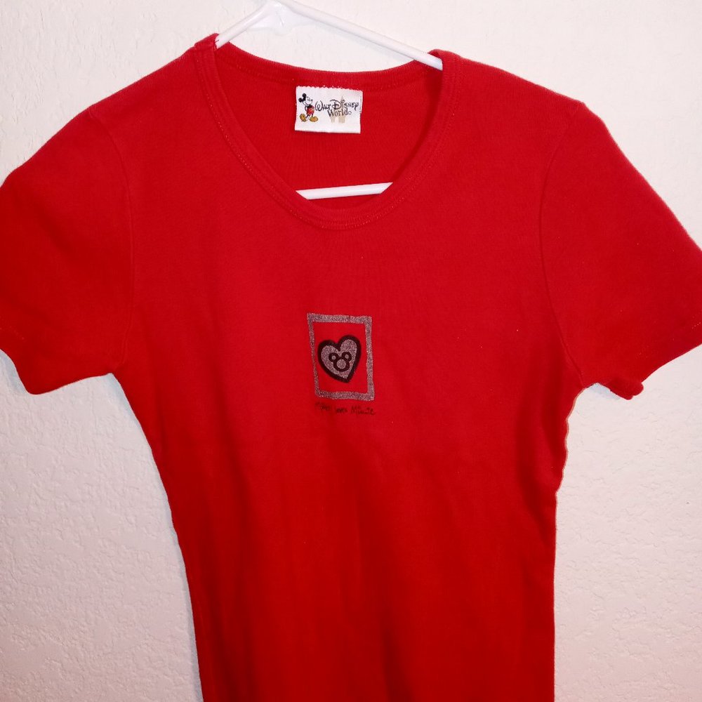 WALT DISNEY WORLD WOMENS MICKEY LOVES MINNIE RED SHIRT SZ SM